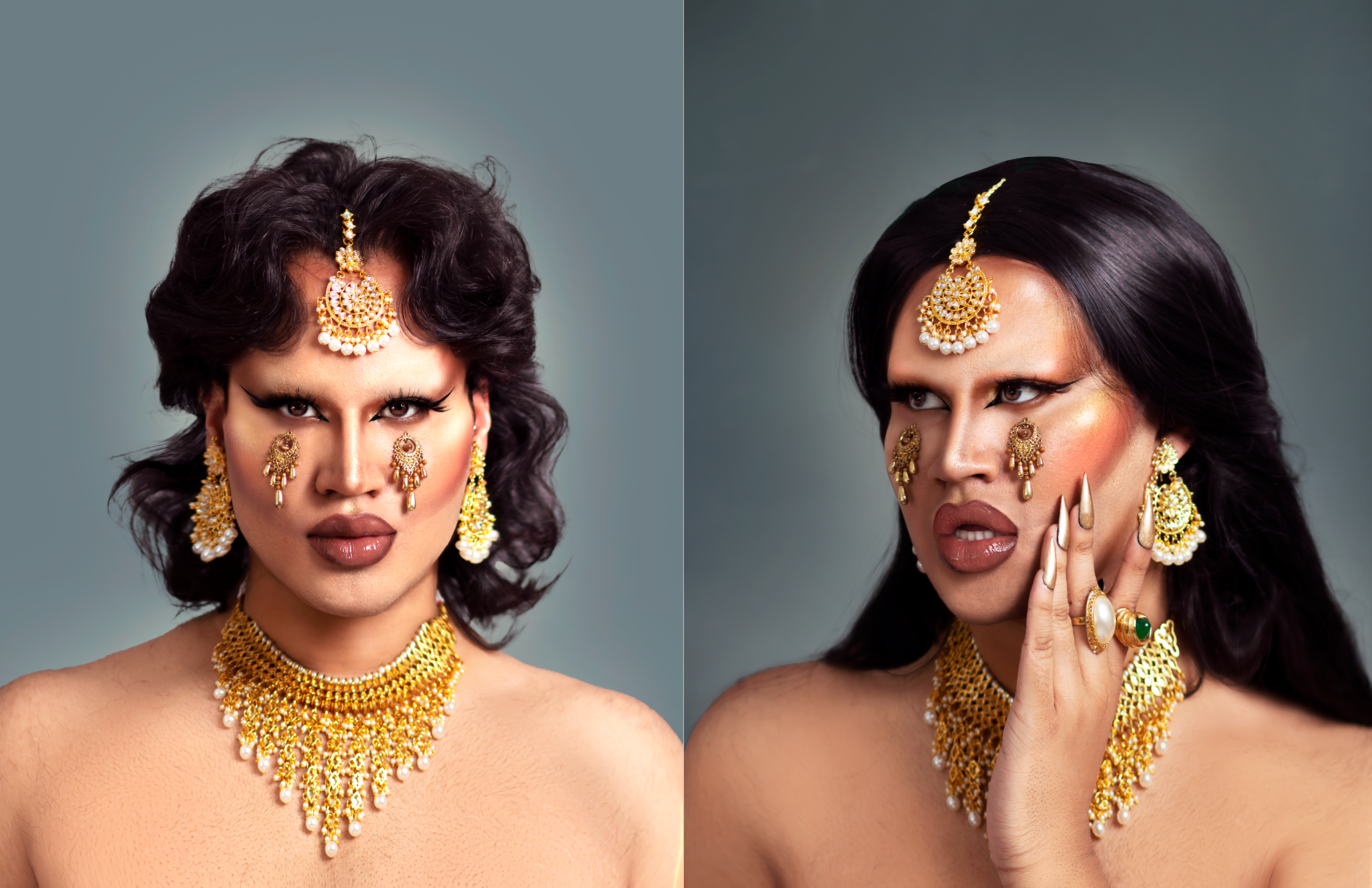 Depicted here is the Divine feminine, queering South Asian beauty standards by exaggerating them on a male form