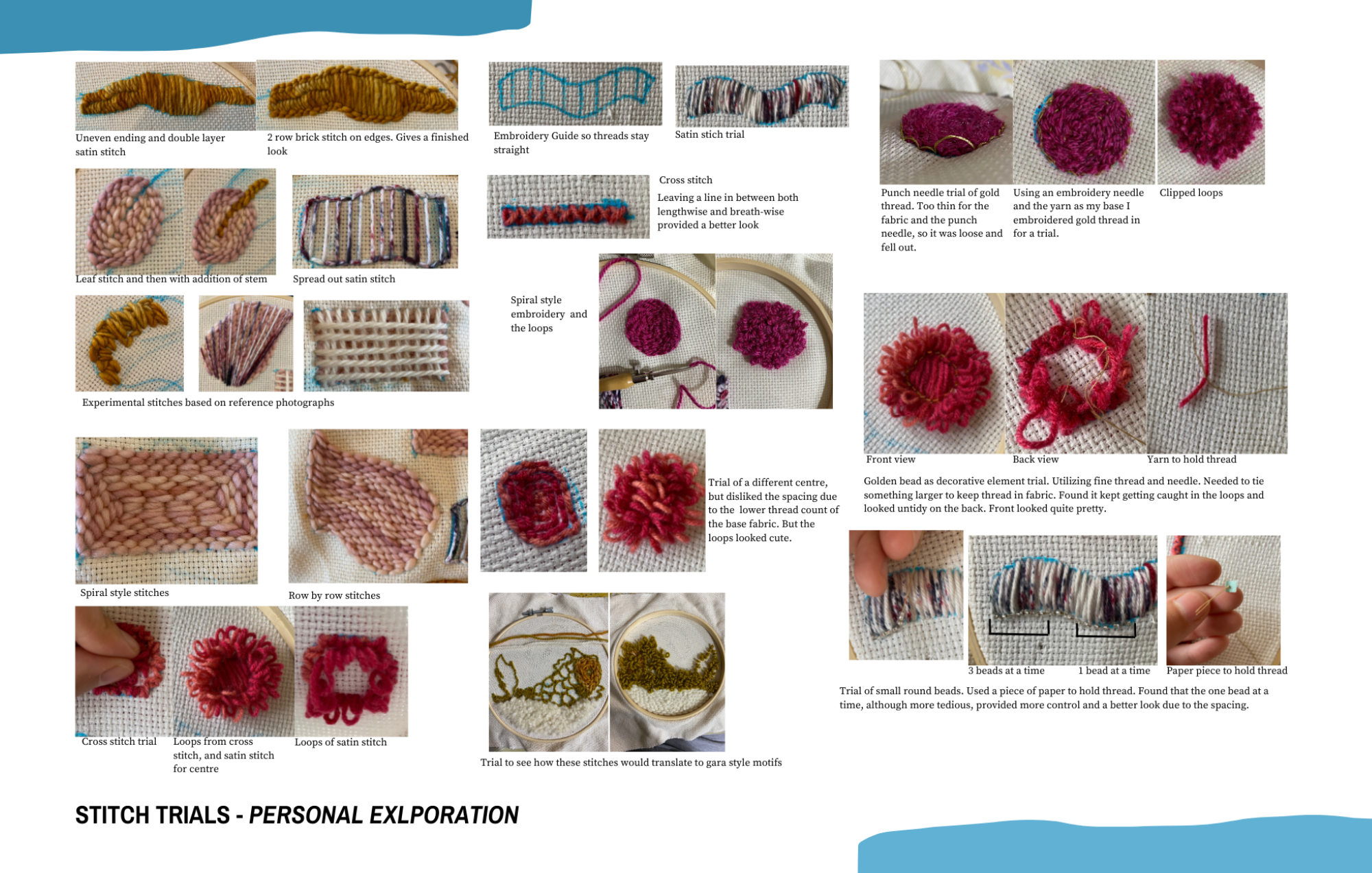 Process: Punch Needle Stitch exploration, 11x7, Pictures of punch needle samples done using wool and monks cloth.