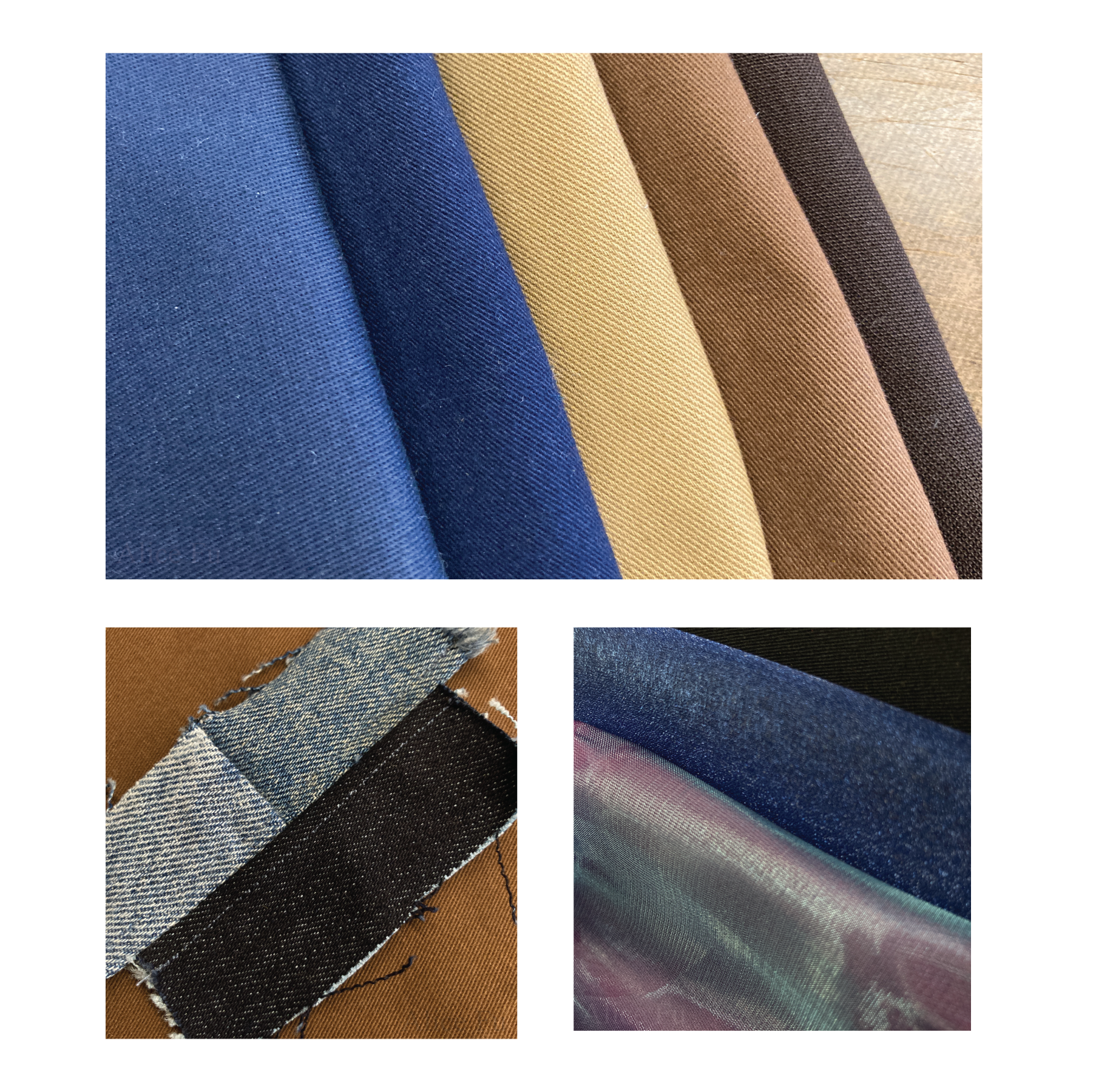 Capsule 起 Collection F2022 Fabrics Image 1: Main garment fabric: cotton Twill and cotton twill with 3% spandex Image 2: Upcycled denim patchwork sample Image 3: Appliqué fabric: organza and silk organza