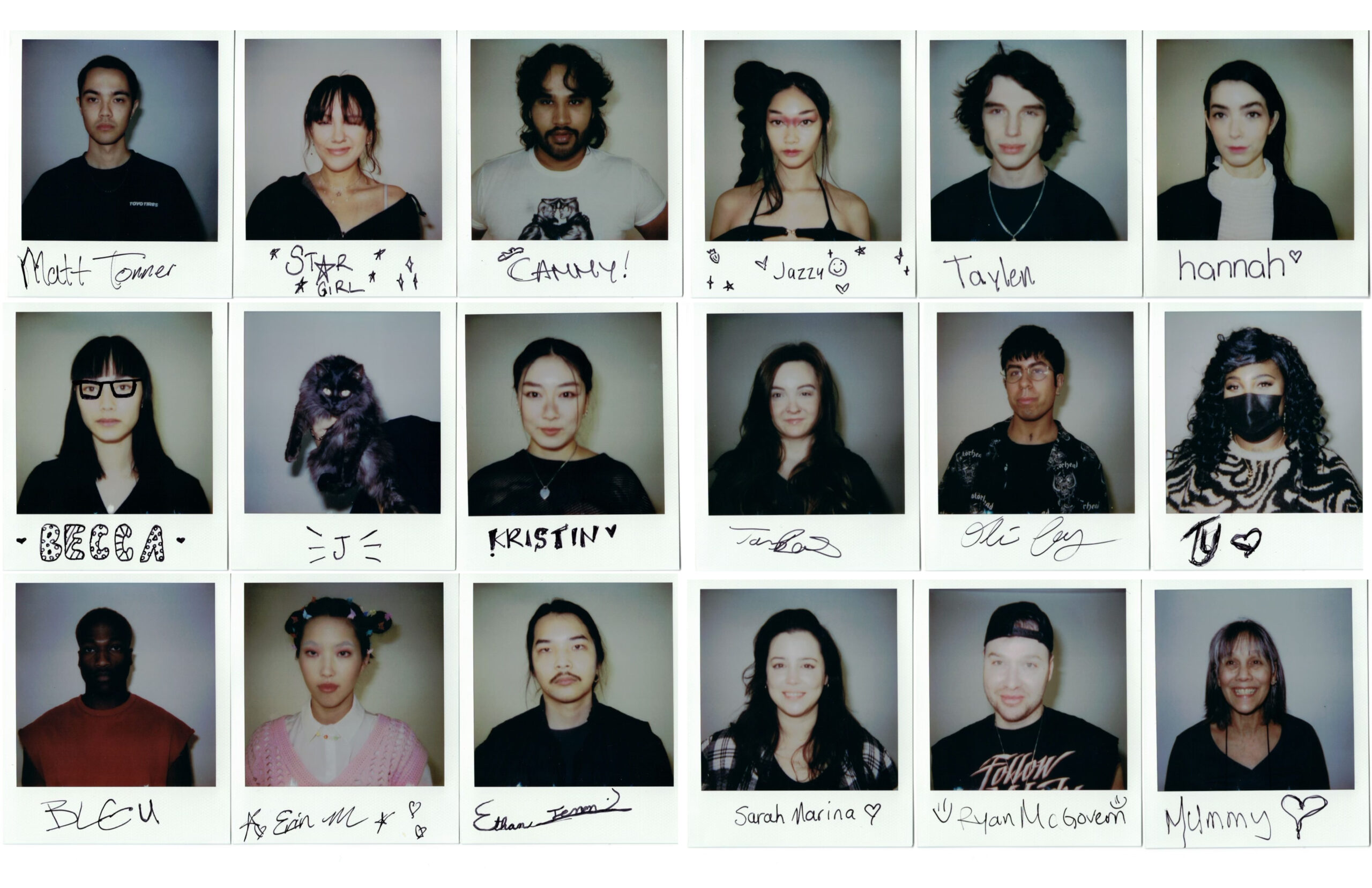 Polaroids of the whole production team of Gaijin.