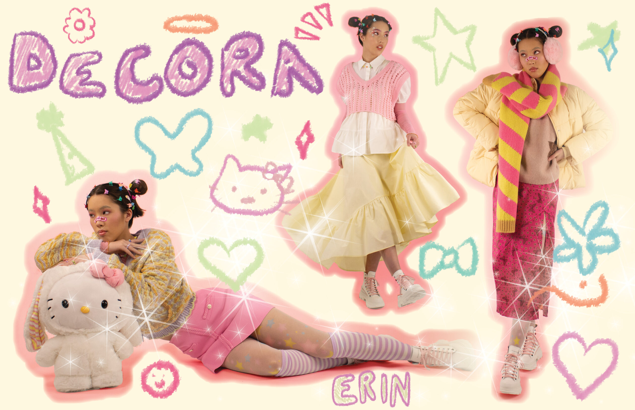 Trend styling of the fashion subculture, Decora. This aesthetic is heavily attached to the youth of Harajuku and originated in the late 90's. The term 'Decora' stems from the word decoration, due to the importance of decorating yourself head-to-toe.