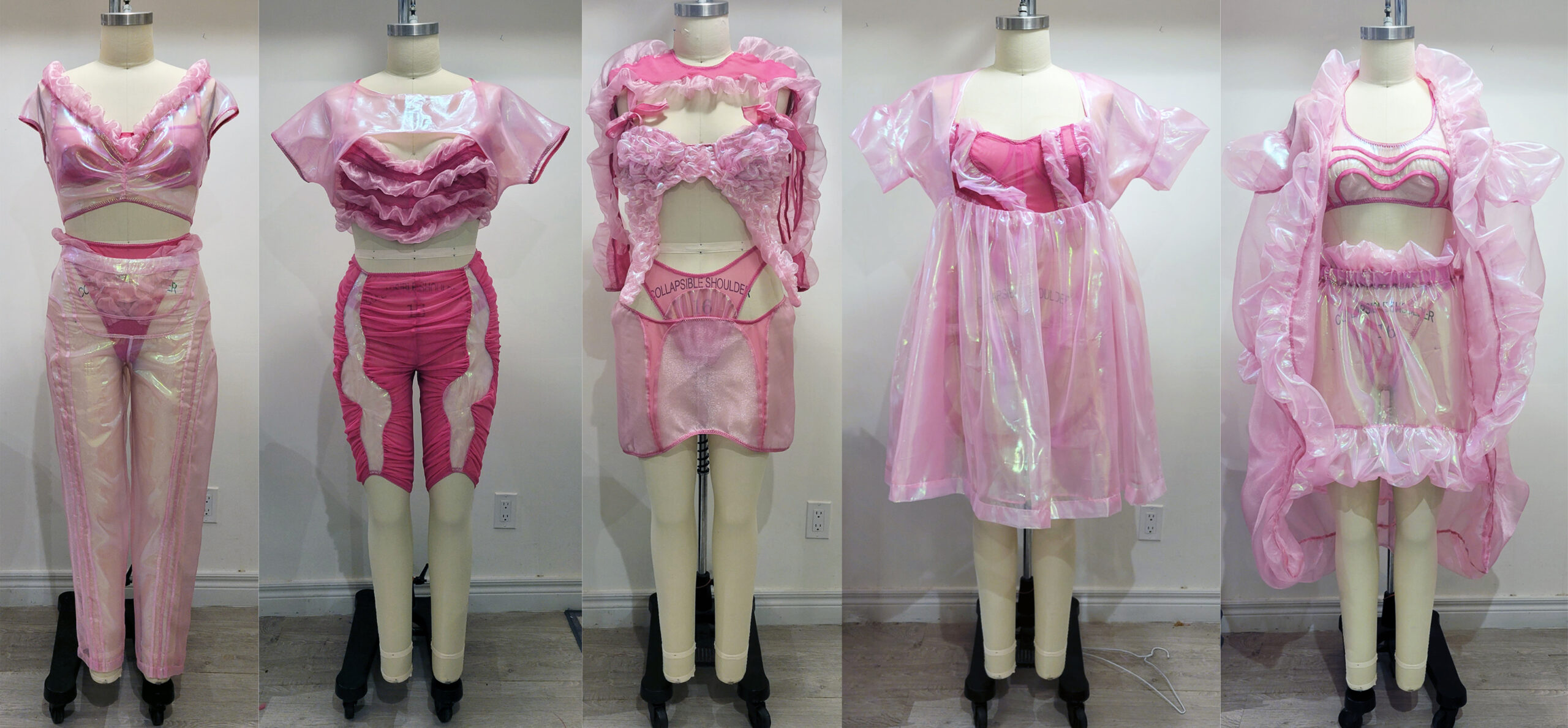Lineup of all five outfits photographed individually on a dress form