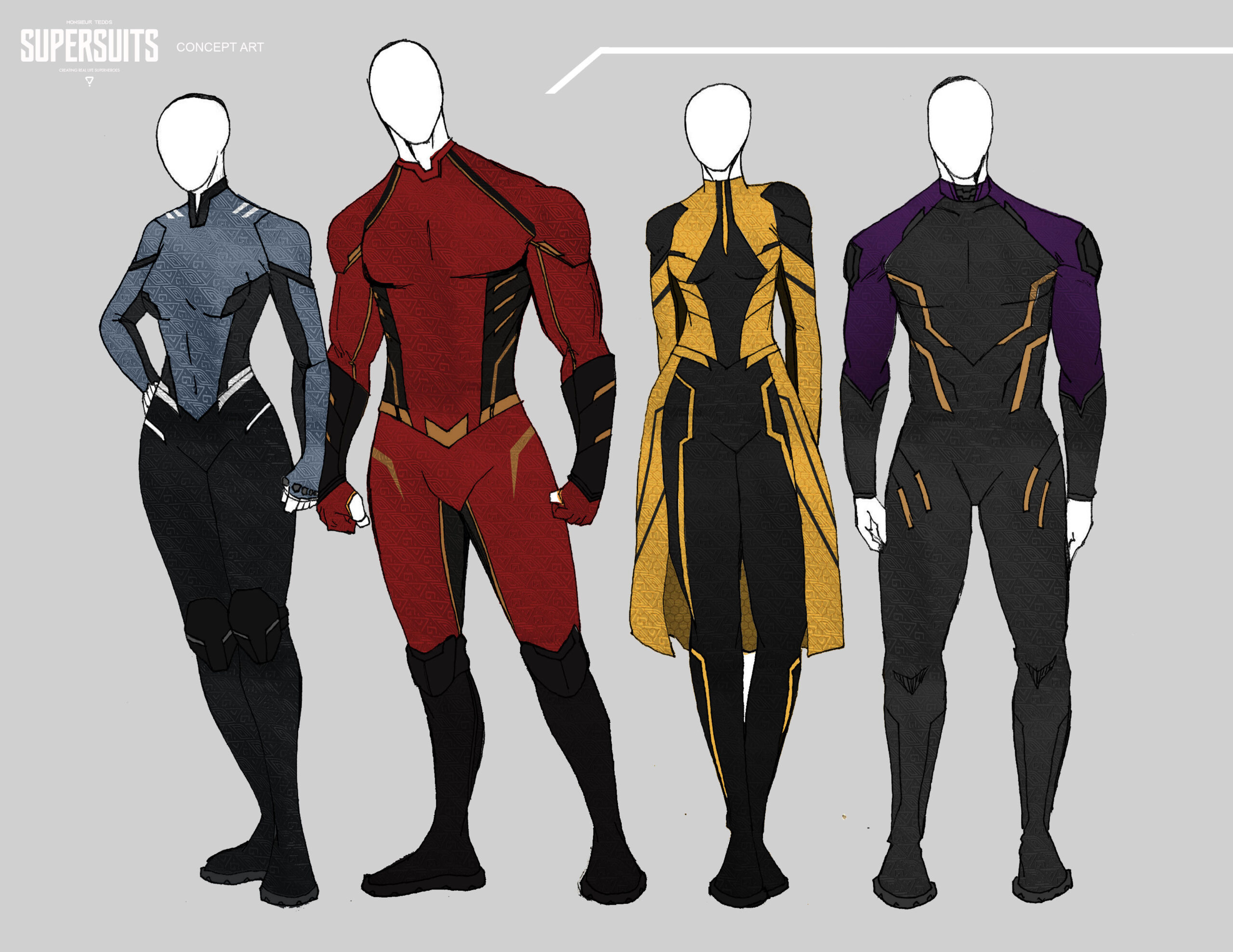 Theodore-Fu-Asset1 - Theodore Fu Initial conceptual sketches of the Supersuit designs. Some of the very first things that arose from these were really doing what i've always wanted to make, which are very much in the vein of modernized superhero aesthetic and trying to find a way and integrate it to a more marketable way, so that was merging the idea of costumes and athletic wear.