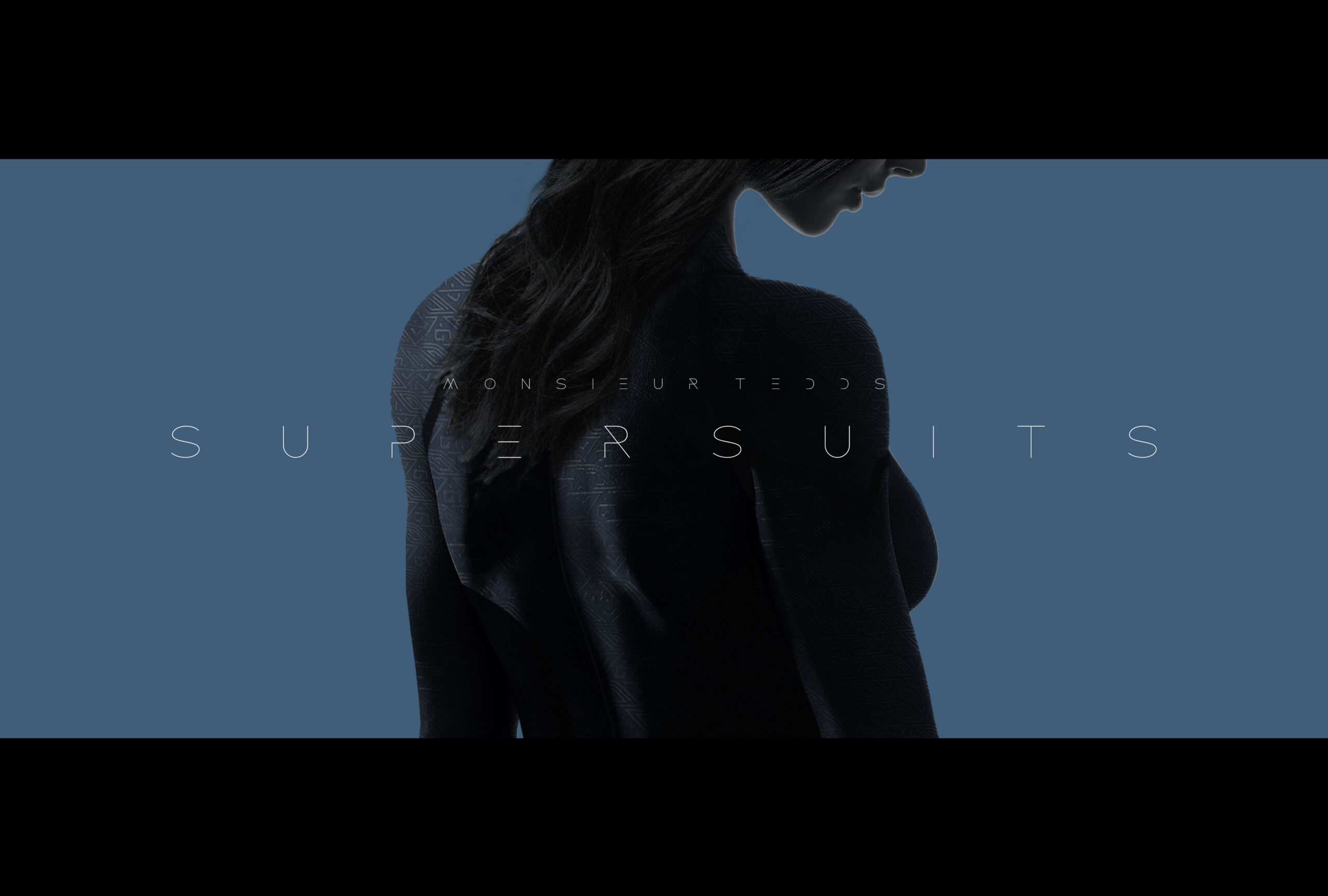 Promotional Banner Piece w/ Digital Mockup of Blue-Grey Supersuit