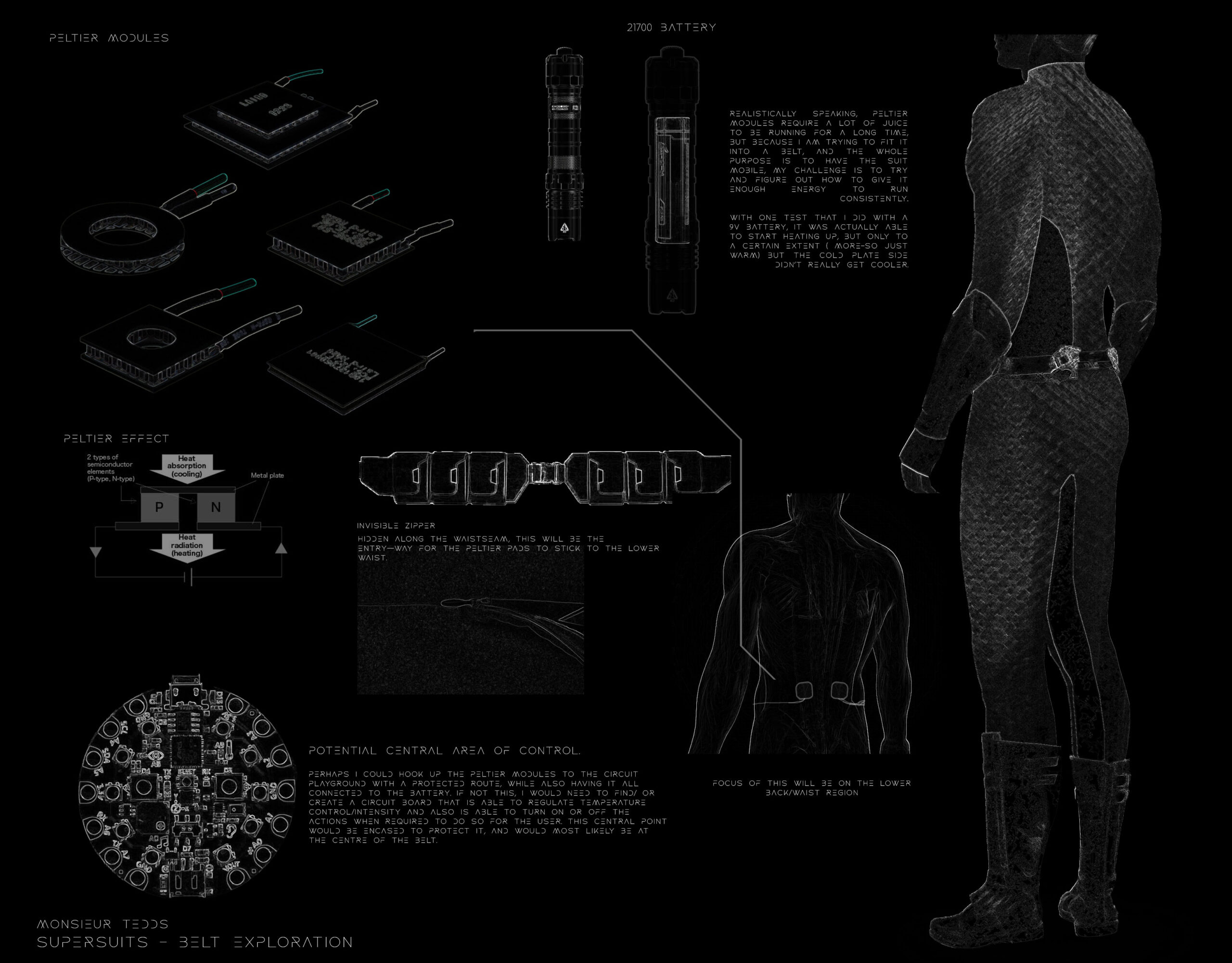 With the goal of trying to integrate tech into this suit, the objective is to try and answer a design challenge. This is an exploration of how the belt and its functionalities could possibly work. The key component that I am interested in studying is the Peltier module as the feature of it heating up and cooling down caught my attention as something that could potentially be innovative. The idea is having therapy pads that would attach to the region of the lower waist/ back region and be utilized for acute pains (heat therapy) and muscle pain (cold therapy).