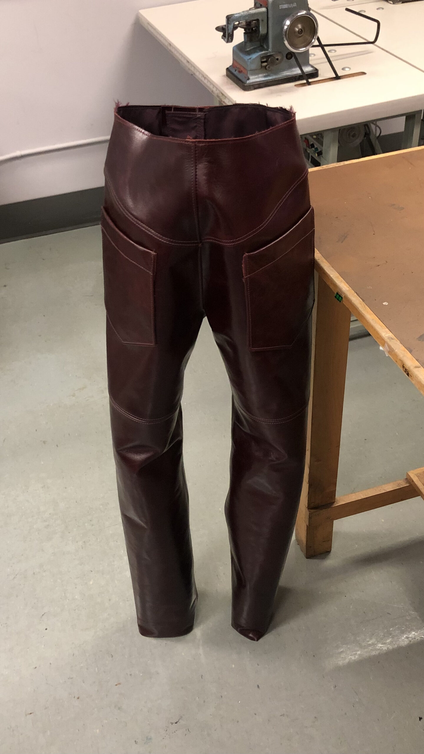 Cowhide oxblood leather pant development