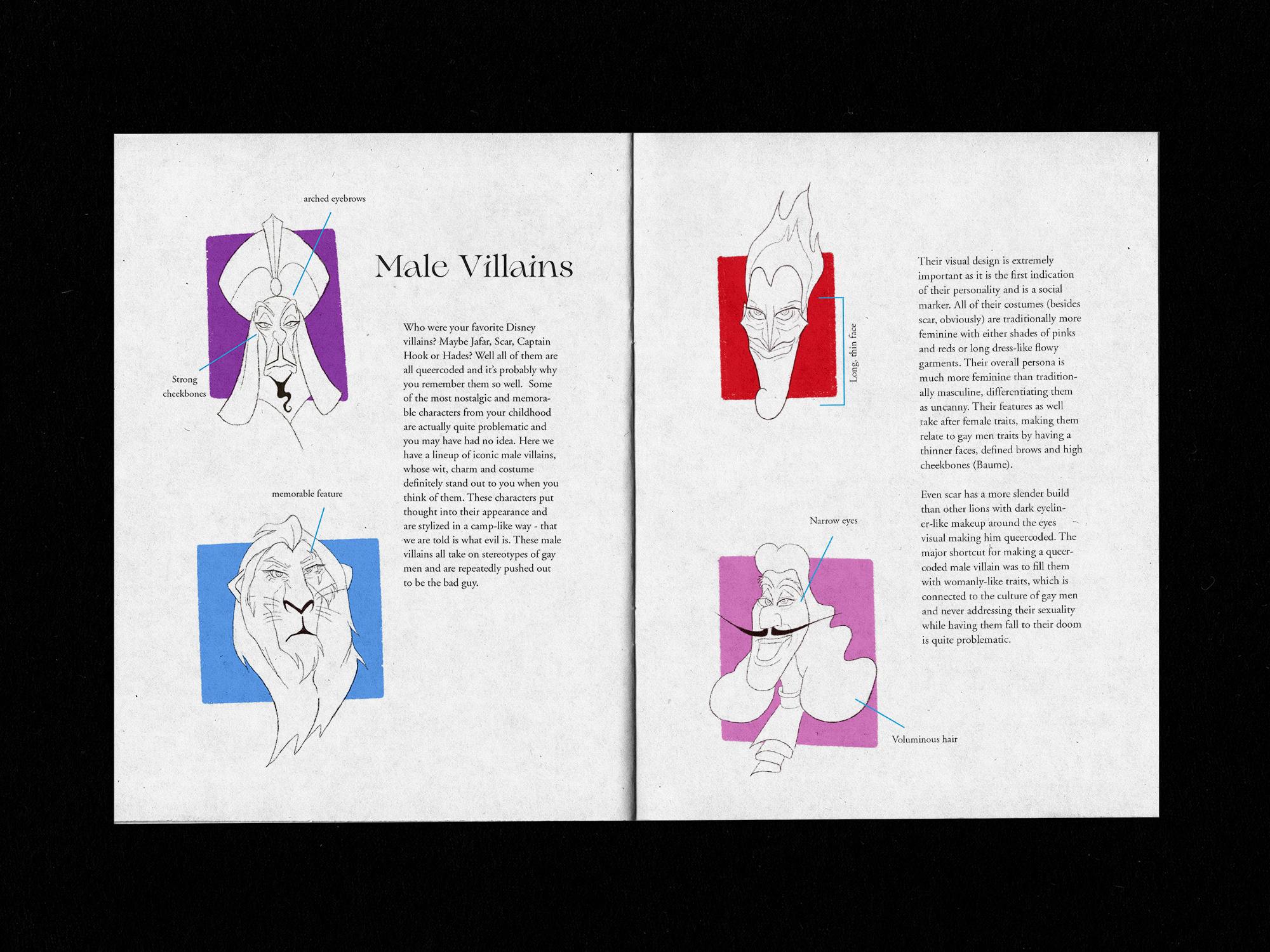 A spread from the 'How to Draw Villains the Queer Way' zine, showcasing how Disney queercodes male villains in their design